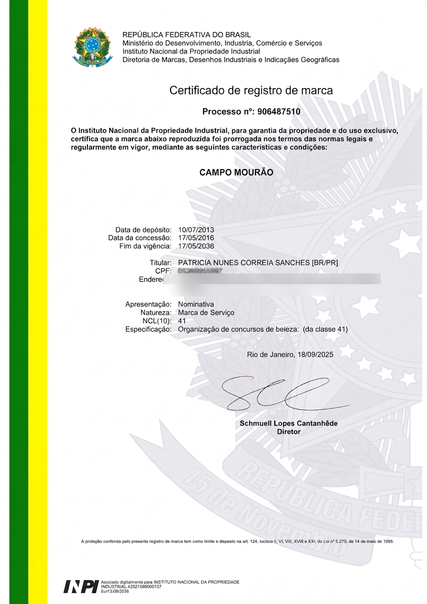 Certificado de registro de marca Miss Campo Mourão emitido pelo INPI